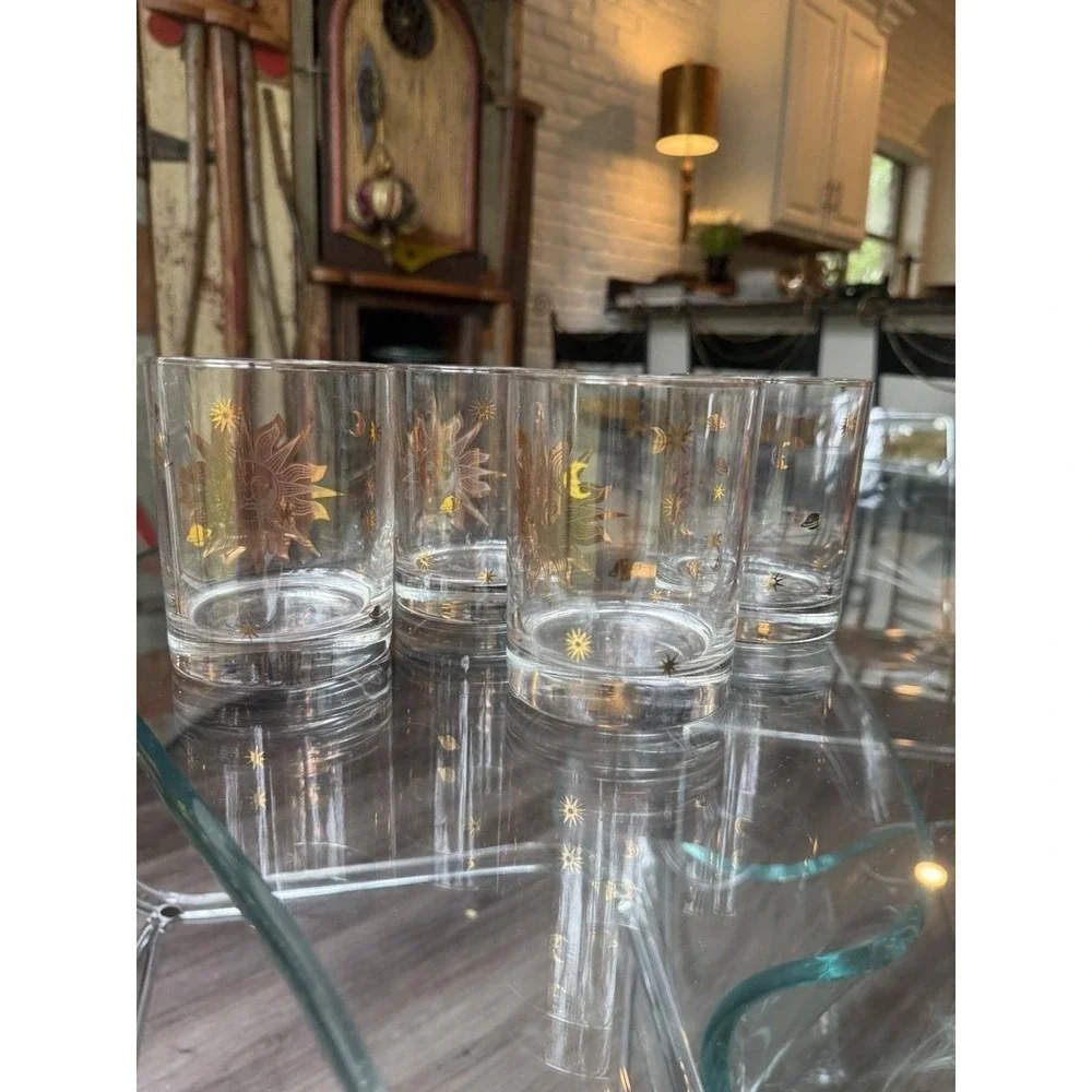 Vintage Culver Celestial Gold Sun Moon Stars Rocks Glasses Set of 4 MCM